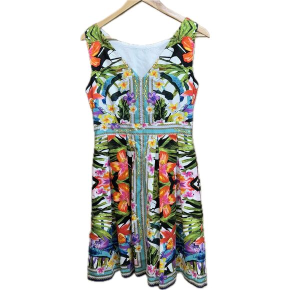 Maggy London Sleeveless Pleated A- Line Bright Floral Hawaiian Dress Women 8 - Picture 2 of 9
